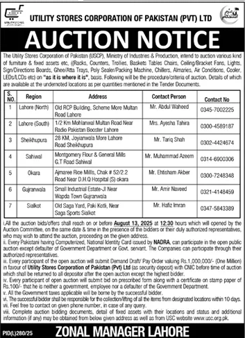 Utility Stores Corporation of Pakistan Private Limited Lahore Tender Notice